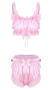 Soutien-gorge Ensembles Hommes Sissy Dressing Lingerie Érotique Ensemble Satin Frilly Sans Fil Soutien-Gorge Hauts Avec Dentelle Florale Ourlet Bowknot Slips Sous-Vêtements 8155610