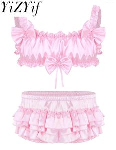 Bh's Sets Heren Sissy Satijnen Lingerie Set Ruches Stroken Bandjes Draadvrije Bh Top Met Bloeier Gelaagde Slipje Mannelijke Sexy ondergoed