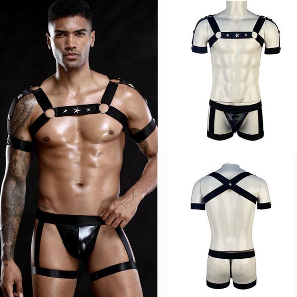 Conjuntos de sutiãs masculinos com arnês de corpo inteiro conjunto de roupas fetiche gay faixa elástica peito perna cintos tiras BDSM bondage masculino punk rave lingerie