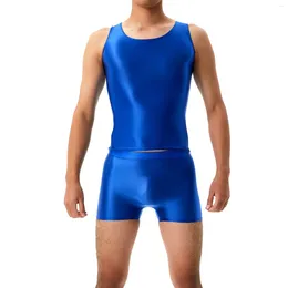 Sets Bass para hombres lencería brillante atuendo de ropa de dormir sin mangas redonda de tanque redonda con pantalones cortos de cintura media sólidos para yoga deportes de natación