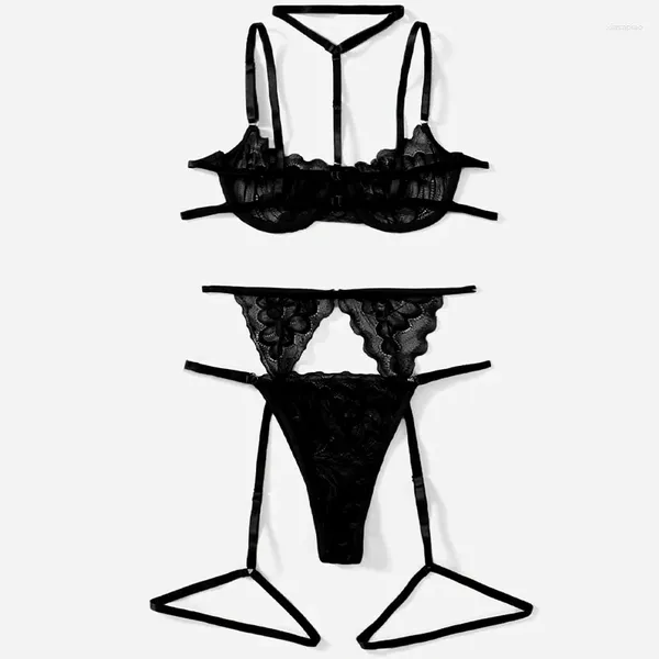 Conjuntos de sujetadores Conjunto de ropa interior de malla Sexy Vendaje de encaje Bra Bragas Collar Trajes de liga Lencería Moda Damas Bralette Perspectiva erótica Panty