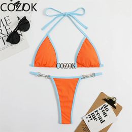 Bras Define Metal Chain Bikini Set Mulheres 2023 Swimwear Push Up Halter Tieup BraTriangle Thong TwoPiece Banheira Terno Brasileiro Biquinis 231215