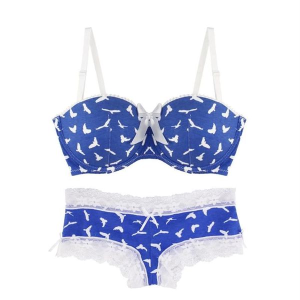 Soutien-gorge Ensembles MiaoErSiDai Sexy Girls Bra Set Flying Bird Blue Sous-vêtements imprimés Dentelle Bralette et Bref rembourré ont une petite taille 28-36 A287y