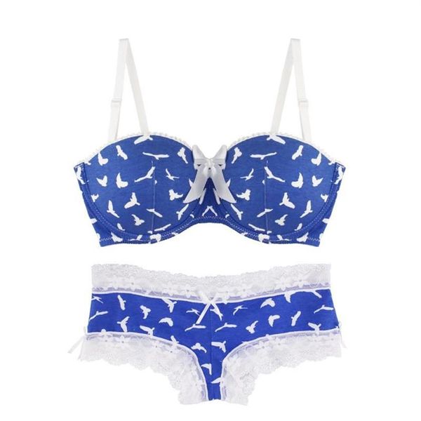 Soutien-gorge Ensembles MiaoErSiDai Sexy Girls Bra Set Flying Bird Blue Sous-vêtements imprimés Dentelle Bralette et Bref rembourré ont une petite taille 28-36 A205C