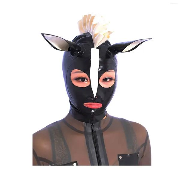 Soutien-gorge Monnik Latex Masque de cheval en caoutchouc drôle avec garniture blanche et fermeture à glissière arrière à la main pour cosplay party clubwear body