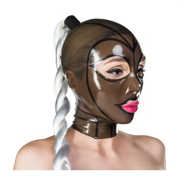 Soutien-gorge Monnik Masque en latex Sexy Hood Brown Translucide avec queue de cheval Tubed Back Zipper Fait à la main pour Catsuit Cosplay Costume de fête