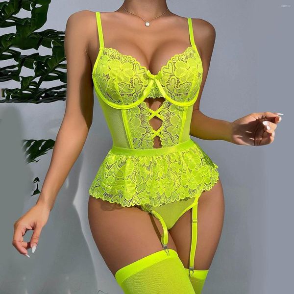 Bras sets néon vert sexy lingerie érotique femme babydoll push up sans couture corset de soutien-gorge