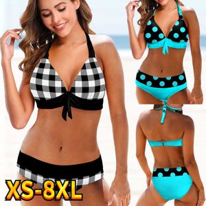 Soutiens-gorge Ensembles Nouveau 2022 Femmes Sexy Maillot De Bain Mi Taille Treillis Imprimer Bikini Ensemble Deux Pièces Tankinis Femme D'été Brésilien Maillots De Bain T221206