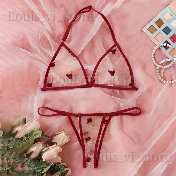 Soutien-gorge Ensembles Nouveau Mode Sexy G-String String Vêtements De Nuit Sous-Vêtements Lingerie Fleur Corset Solide Érotique Maille Transparent Soutien-Gorge Ropa Intérieur T240221