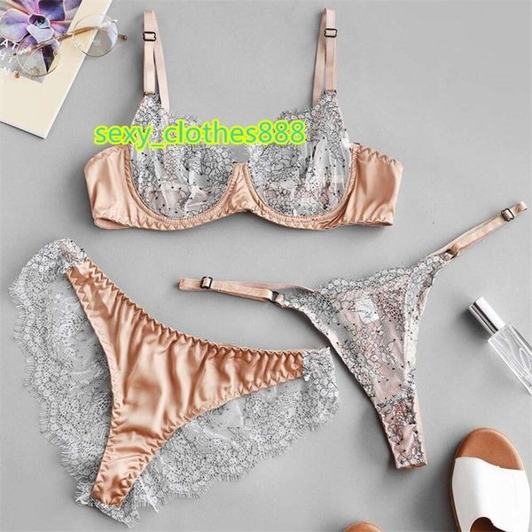 Soutien-gorge Ensembles Autres Pantie S Cils Dentelle Couture Sous-vêtements sexy Soutien-gorge à armatures et trois pièces en maille fine voir à travers l'ensemble de lingerie érotique 230311