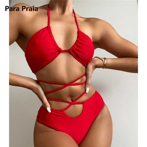 Soutien-gorge Ensembles Para pra praia 2022 sexy rouge licou bikini ensemble croix bandage femmes maillots de bain taille haute maillot de bain évider maillot de bain biquini t221206