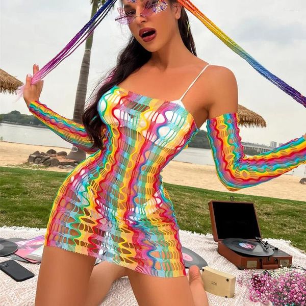 Soutien-gorge Ensembles Party pour les filles Transparent Beach Wear Hollow Out Body Résille Débardeurs Bikini Cover Ups Rainbow Maillot de bain Femmes Robe en maille