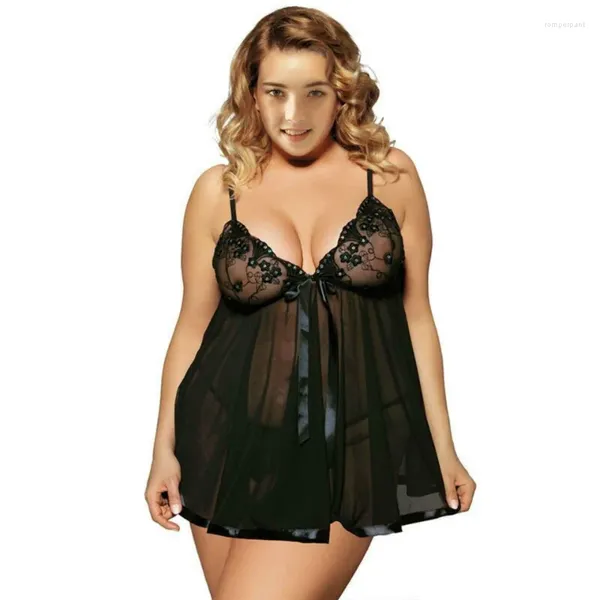 Soutien-gorge Ensembles Plus Taille Chemise de nuit érotique Dentelle Mesh Pyjamas Chemises de nuit et tongs Bretelles transparentes Homewear Lingerie Babydoll Vêtements de nuit