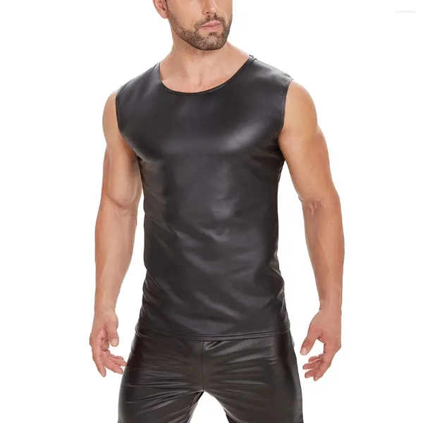 Soutien-gorge Ensembles Plus Taille Hommes Sexy Brillant Cuir Débardeurs Mâle Haute Élastique Doux Mat Sous-vêtements Sans Manches Casual Streetwear Gilet