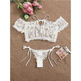 Soutien-gorge Ensembles Porno Femmes Sexy Lingerie Ensemble Costumes Babydoll 2pcs Pyjamas Tongs Tops Daisy Imprimer Dentelle Transparent Transparent Panti346h