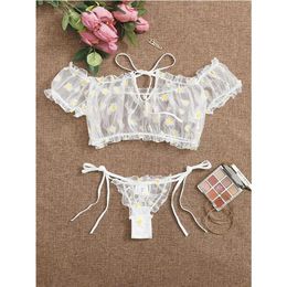 Bras sets porno femmes lingerie sexy set costumes babydoll 2pcs pyjamas strings tops daisy imprime dentelle transparente transparent panti240s