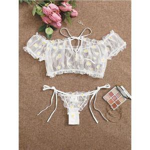 Bras sets porno vrouwen sexy lingerie set kostuums babydoll 2pcs pyjama's string toppen daisy print kanten transparante doorzichtige panti240s