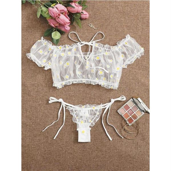 Bras sets porno femmes lingerie sexy set costumes babydoll 2pcs pyjamas strings tops daisy imprime dentelle transparente transparent panti240s