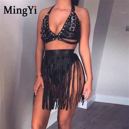 Bh Sets PU Lederen Body Harnas Kwastje Rok Holle Kooi Beha Top 2 Delige Set Vrouwen Bdsm Sexy Fetish lingerie Fringe Riem Bondage322M