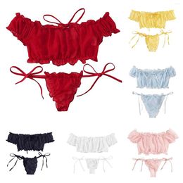 Conjuntos de sujetadores Ruffle Lace Lencería sexy Mujeres Ropa de dormir Niñas Bowknot Sin tirantes Bandeau Tops Ropa interior Lenceria Sensual Disfraces exóticos