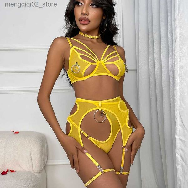 Conjuntos de sujetadores Conjunto de sujetador y bragas sexy Lencería de encaje amarillo Conjunto de ropa interior de mujer transparente Ahueca hacia fuera Conjuntos breves eróticos Íntimos viene Q230922