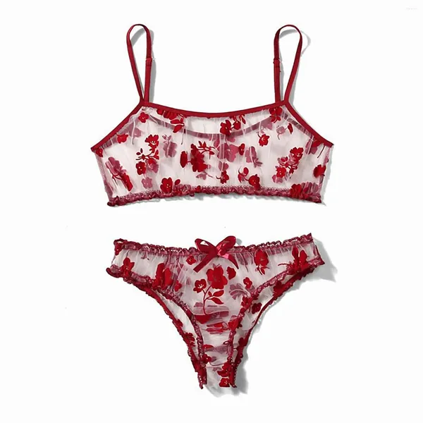 Bras Sets Sexy Bra Breve Bordado Rojo Camisón Damas Damas Redondeadas Sleepswear Mujeres Día de San Valentín Lencería transparente