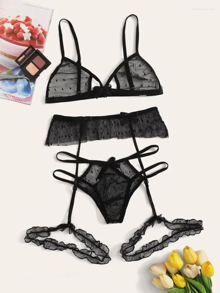 Soutien-gorge Ensembles Soutien-gorge sexy Ensemble transparent transparent et culotte avec jarretière perspective maille dentelle lingerie dames sous-vêtements