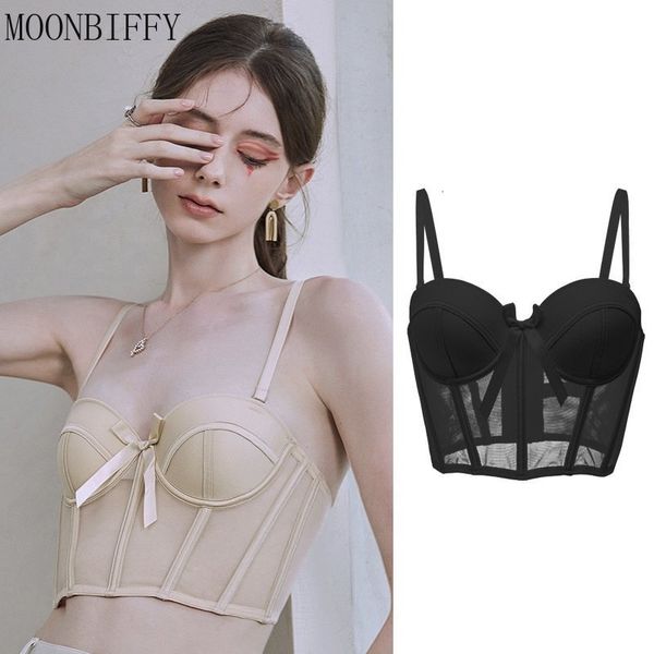 Conjuntos de sujetadores Corsé sexy Sujetador Malla Ahueca hacia fuera Chaleco Forma Media taza Bralette de encaje suave Antisag Push Up Bow Espesar Ropa interior de mujer 230613