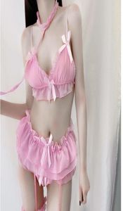 Behas stelt sexy kostuums ondergoed ondergoed vrouwelijke verleiding prinses jarreteller kant threepoint pak schattig roze meisje micro bikini3957609