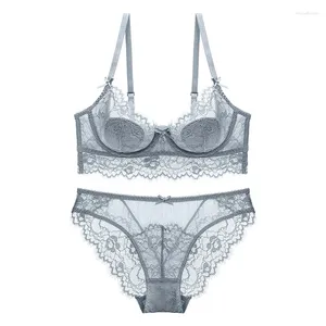 Soutien-gorge Ensembles Sexy Cils Dentelle Ultra Mince Sous-Vêtements Ensemble Avec Des Pierres Broadside Plus Taille Soutien-Gorge Et Panty Femmes Lingerie A B C D E Tasse