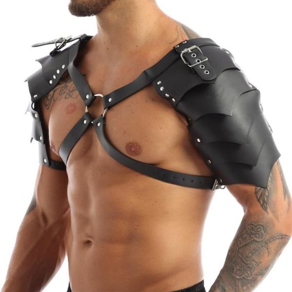 Ensembles de soutiens-gorge Sexy Gothique Hommes Faux Cuir Armure Épaule Tops Poitrine Harnais Bondage Club Lingerie Guerrier Cosplay Réglable Fétiche C227Z