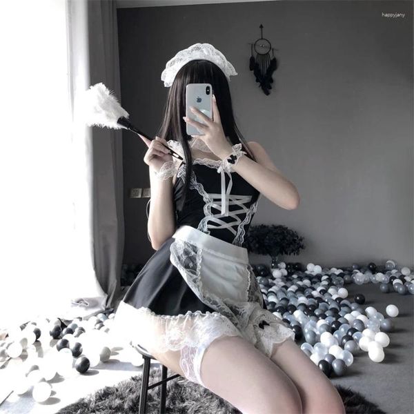Conjuntos de sujetadores Sexy japonés Maid Cosplay disfraces lencería erótica ropa interior sirviente traje de encaje clásico vestido uniforme francés