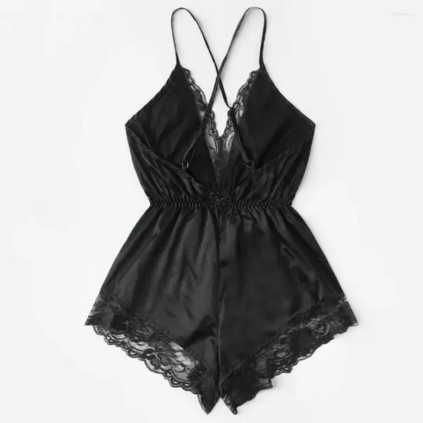 Conjuntos de sujetadores Sexy Lace Body Sling Sin mangas Elegante con cuello en V Ropa de dormir Satén Romper Pierna ancha Ropa de dormir