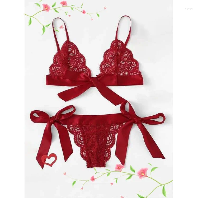 Bras Sets Sexy Lace Bra Brief Set Lingerie Women Underwear Transparent Panties Female Red Ultra-thin Unlined