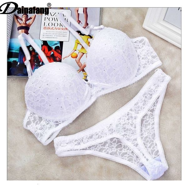 Ensembles de soutiens-gorge Sexy Lace Drill Ensembles de soutien-gorge Push Up Sous-vêtements pour femmes 34/75 36/80 38/85 40/90 42/95 BCDE Cup Plus Size Lingerie String 230426