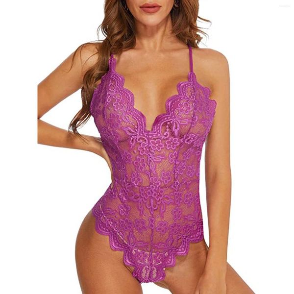 Conjuntos de sujetadores Sexy encaje correa de espagueti ligero estiramiento body 1 pieza transparente profundo V sin espalda ropa de dormir delgada