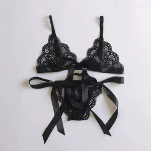 Bh's Sets Sexy Kant Split-cut Bikini Mode Strapping Driepunts Strik Bralette Lingerie Ondergoed Vrouwen Set Doorzichtige BH