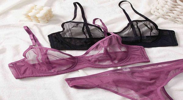 Bras Sets Sexy Lace Ultrathin Bra Set para mujeres Mesh Lingerie transparente Subsero French Brass up Brassiere y bragas negras TE9023410