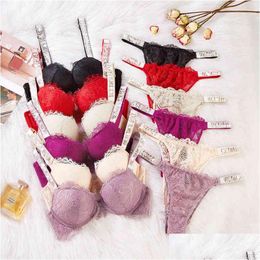 Sistemas de sujetadores Sexy Carta Sujetador Lolita Lencería Damas Bikini Chica Ropa interior Conjunto de encaje ajustable Calzoncillos para mujer Panty Bralette Shapewear Dr DHBH1