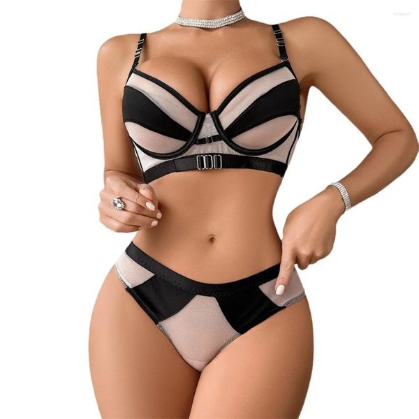 Bras sets lingerie sexy pour femmes soutien-gorge et culotte 2pcs voir à travers l'épissure des sous-vêtements pour femmes