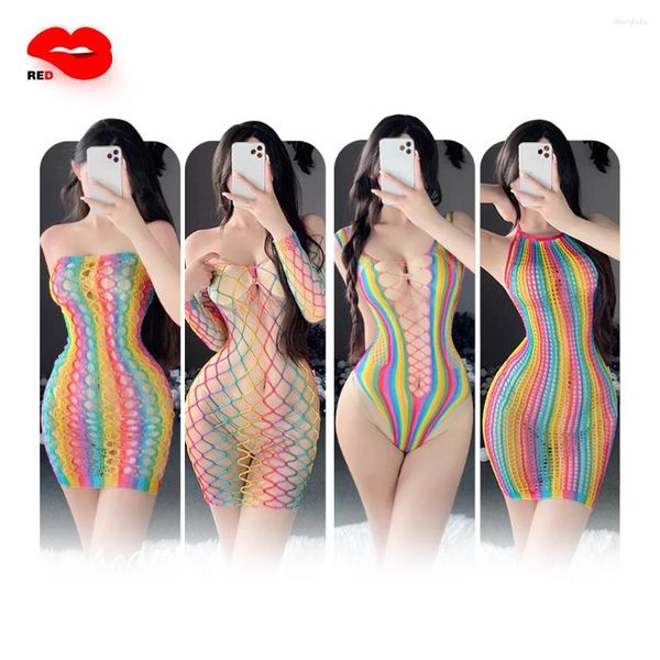 Conjuntos de sujetadores Lencería sexy para mujeres Fishnet Halter Chemise Rainbow Mesh Mini vestido Body a través de ropa Coqueteo Pareja erótica