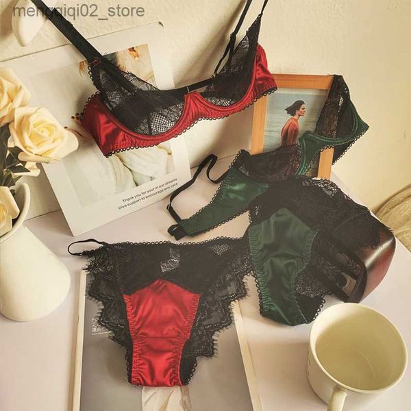 Soutien-gorge Ensembles Lingerie sexy Panty Set avec anneau en acier demi-tasse rassemblée jarretière culotte trois pièces grande taille bralette satin rétro soutien-gorge ensemble Q230922