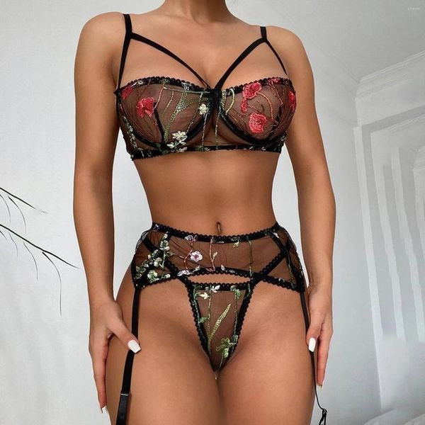 Conjuntos de sujetadores Conjunto de lencería sexy Flores Bordado Sujetador de encaje Bragas Ropa interior Mujeres Malla transparente Ropa de dormir erótica porno