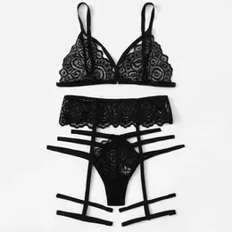 Sets Sets Sexy Lingerie Lace Fino Erotic Woman 3 Pieces Transparent Women's Aweet Hollow Out Strappy Bra and Panty Garter
