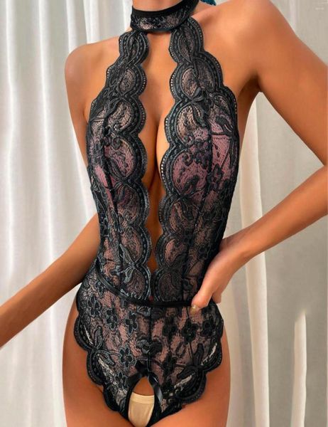 Conjuntos de sujetadores Lencería sexy Mujer Hollow Lace Sujetador transparente Body sin entrepierna Traje erótico femenino Cuello en V profundo Ropa interior de peluche8726742