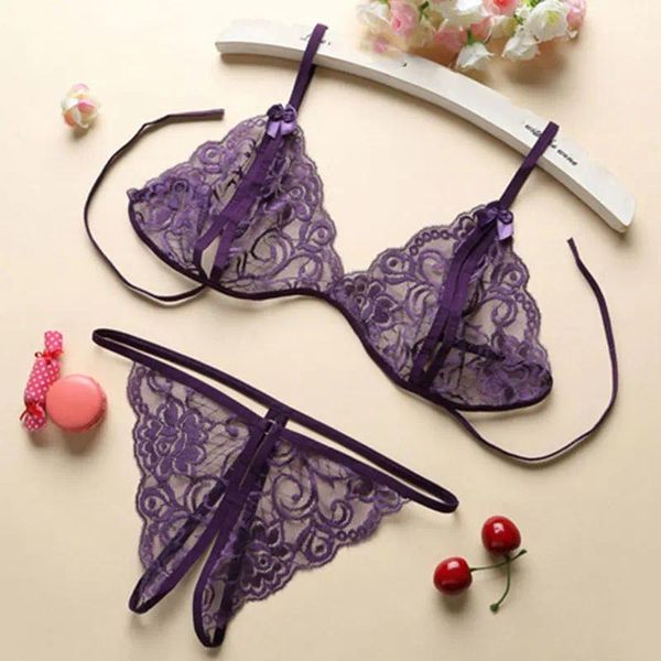 Soutien-gorge Ensembles Sexy Open Lingerie See-through Dentelle Soutien-gorge Crotchless Panty Porn Pearl Thong Sous-vêtements coquins Costume de sexe érotique Deux pièces ZRVQ