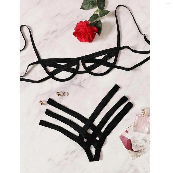 Conjuntos de sujetadores Sexy-Porn Vendaje Lencería Conjunto Ropa de dormir Encaje Moda Calzoncillos Sujetador Bragas Pijamas Negro Damas G String Ropa interior abierta