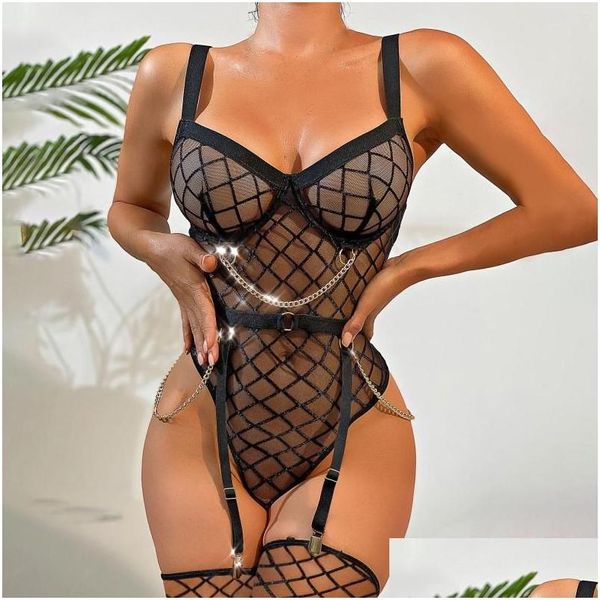 Conjuntos de sujetadores Sexy Porn Custom para mujer Lencería erótica Conjunto Malla Cadena de oro Cordón Transparente Push Up Bra Calzoncillos Mujeres Ropa interior corporal D DHZ8P