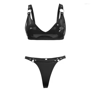 Soutien-gorge Ensembles Sexy Rouge Rose PVC Cuir Érotique Lingerie De Nuit Ensemble Femme Noir Rassemblement Soutien-Gorge Culotte Deux Pièces