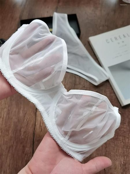 Conjuntos de sujetadores Conjunto de lencería transparente sexy Tanga femenina Sujetador de malla Push Up Mujeres Ropa interior de gran tamaño sin esponja